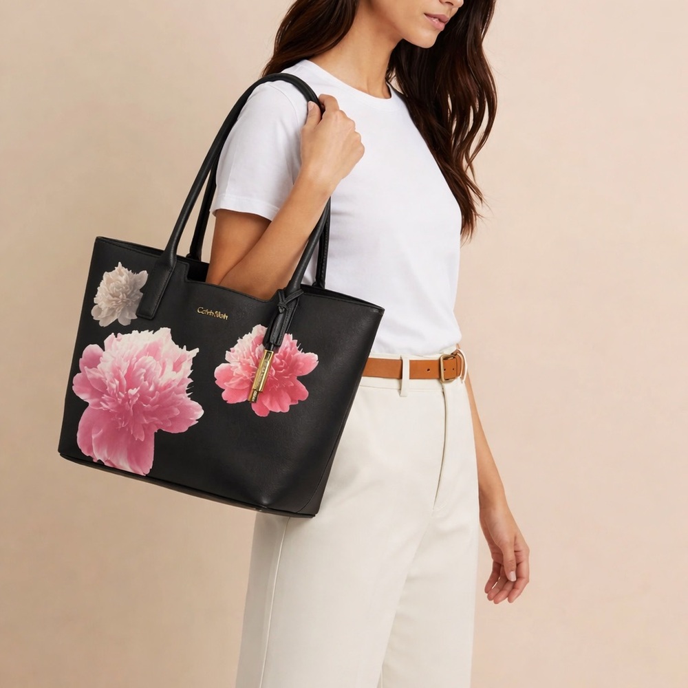 Calvin Klein Black Tote with Pink and White Floral Accents